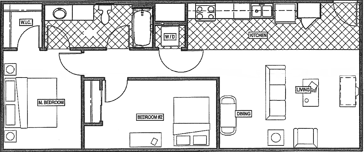 Floor plan for 2 beds, 1 bath, 829 sqft